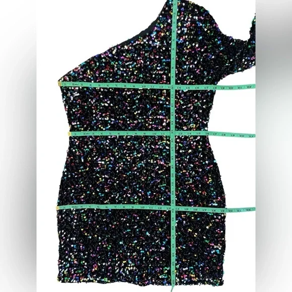 Vici Lush Faye Black Sequin Velvet Base One Shoulder Mini Dress Size XL NWT - Picture 7 of 7